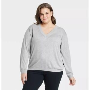 A New Day Women's V-Neck Long Sleeve Lightweight Sweater Plus Size XXL Gray